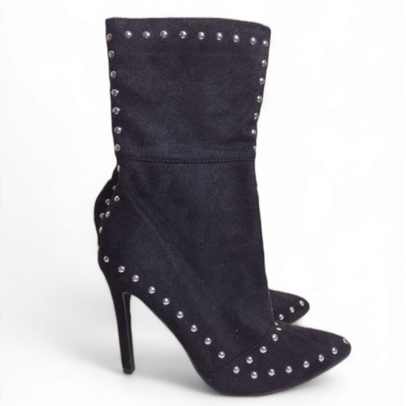 Charlotte Russe Studded Ankle Boots 10 Black Faux Suede Pointed Toe High Heel - Picture 1 of 9